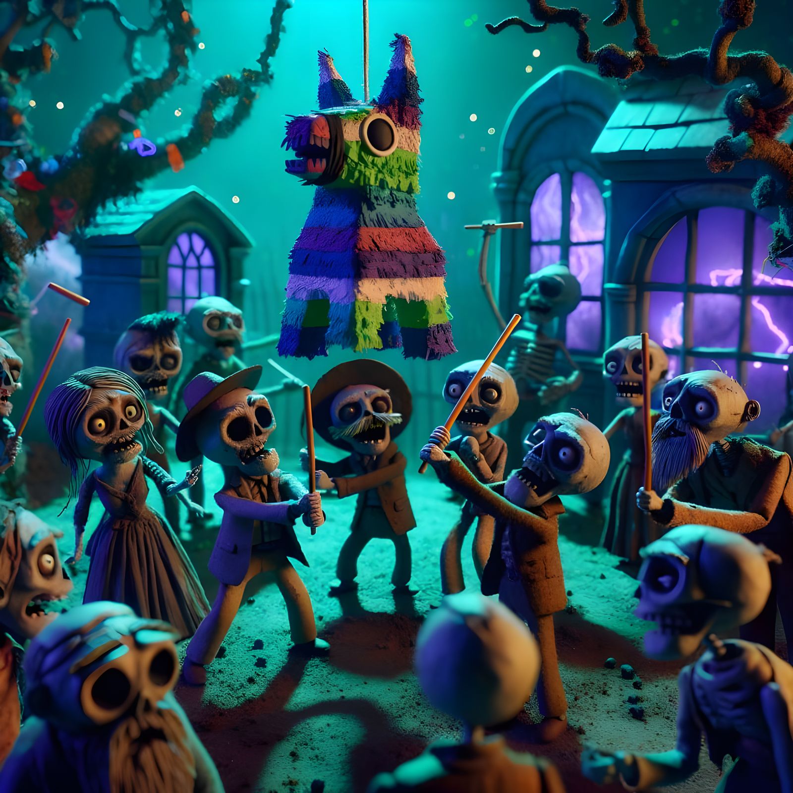 Claymation Zombies Playfully Attack Piñata in Eerie Cemetery