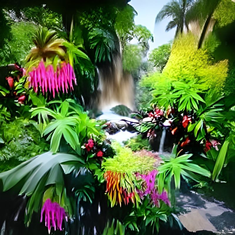 Lush Tropical Garden with Waterfall