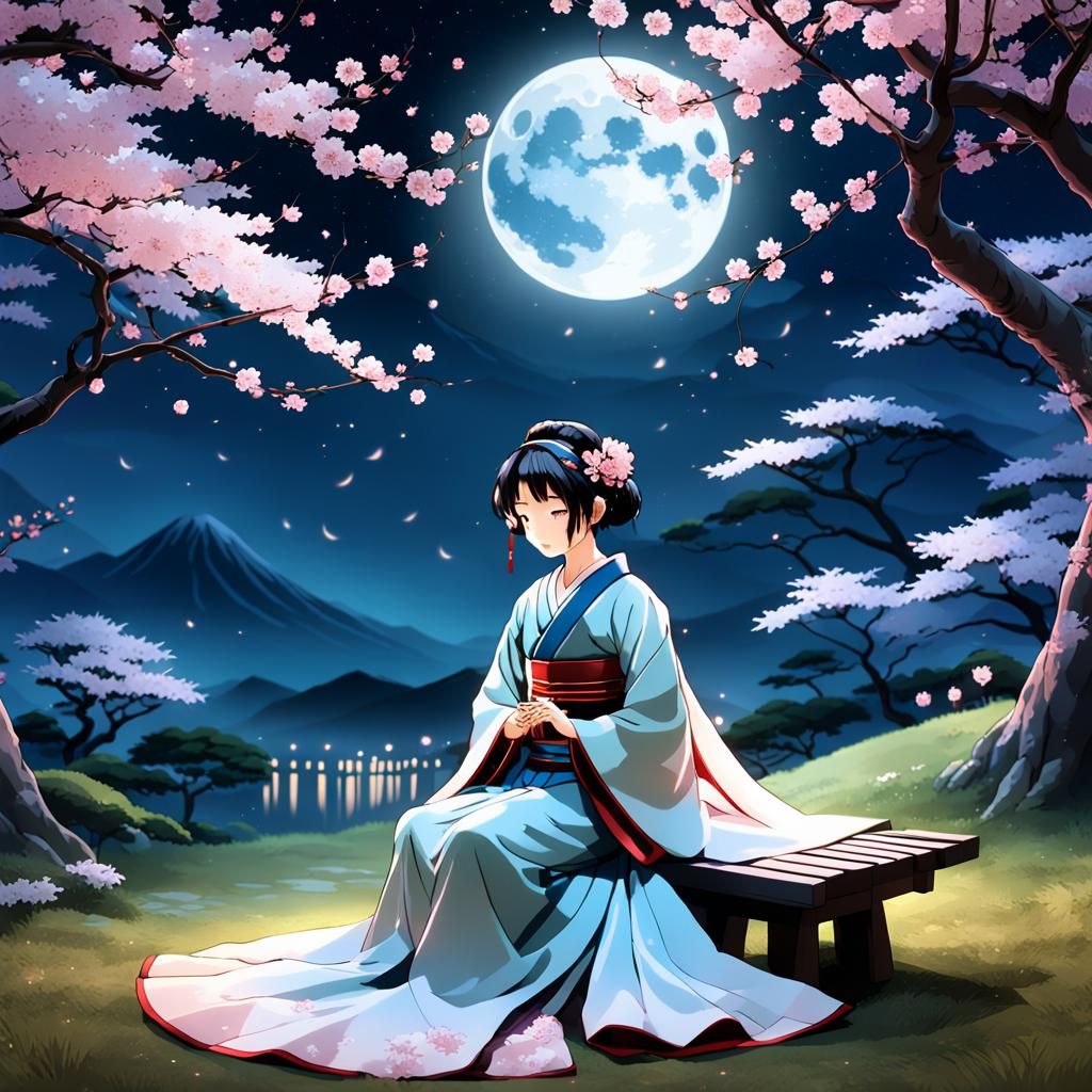 Anime Koto Player Under Cherry Blossoms in Moonlight