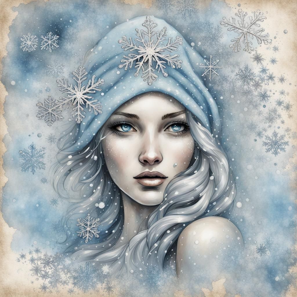 Surreal Winter Woman Portrait in Ink Splash Art