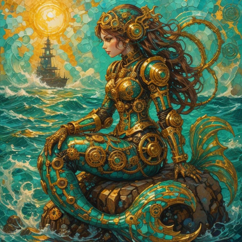 Steampunk Cyborg Mermaid in Neo-Impressionist Style