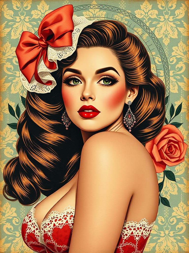 Elegant Pin-Up Lady in Lace Collage Style