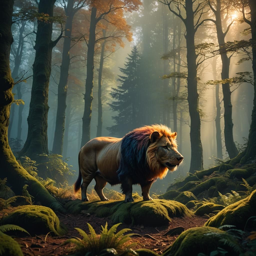 Majestic Pig-Lion Creature in Misty Forest
