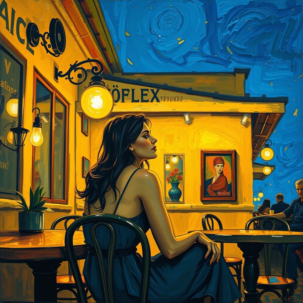 Woman in Vibrant Cafe, Post-Impressionist Style