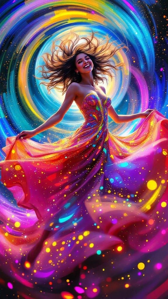 Joyful Woman Dances in Vibrant Neon Fantasy Dress with Glitt...