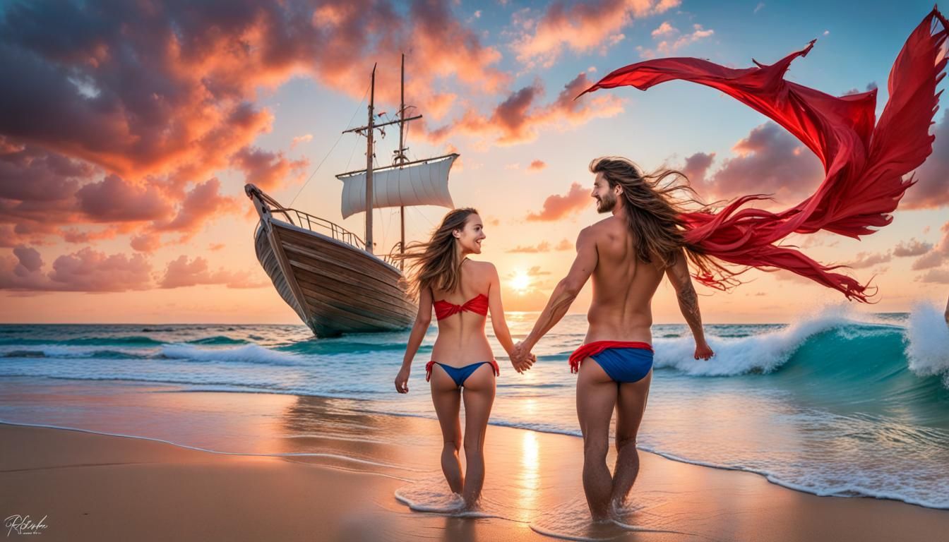 Happy Couple on Beach at Golden Hour in Digital Art