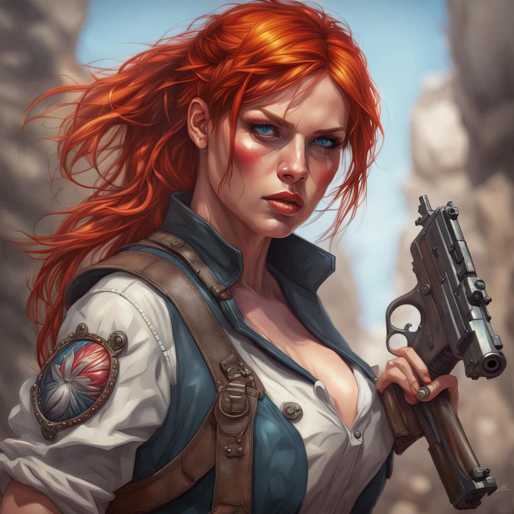 Redhead Gunslinger: Detailed Portrait in Digital Art Style