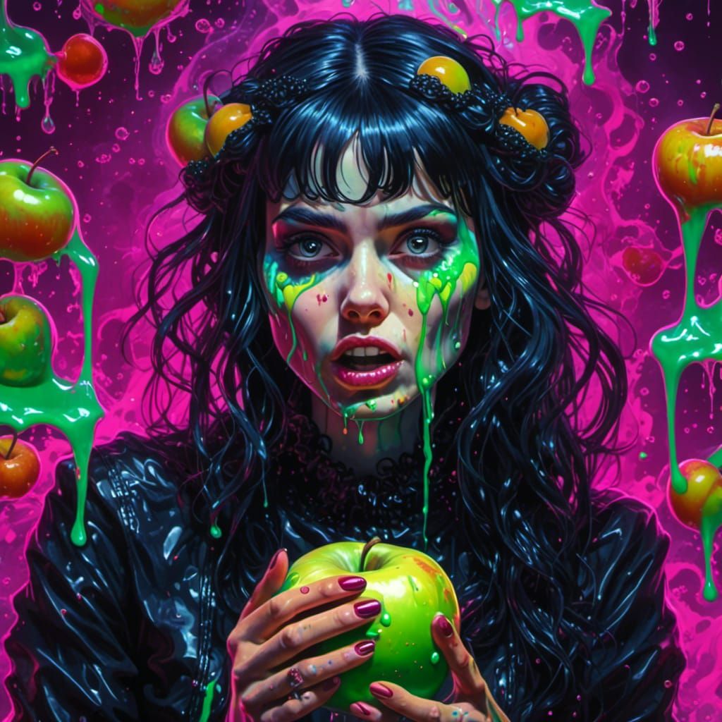 Gothic Woman Eats Melting Apple with Dripping Texture