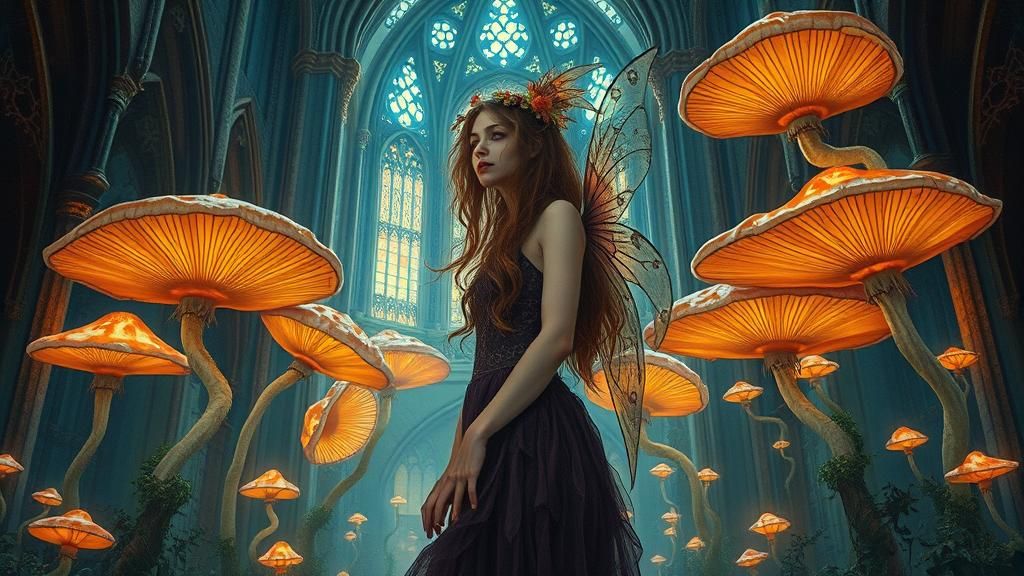 Mystical Faerie in Steampunk Cathedral Art Nouveau Style