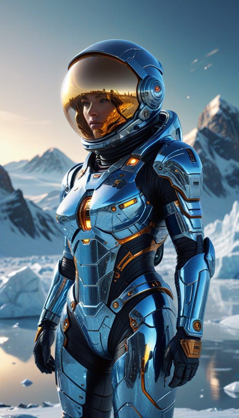 Astronaut on Ice Planet in Sci-Fi Style