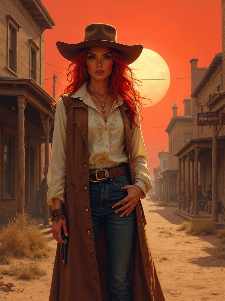 Confident Wild West Woman Stands Tall in a Dusty Tombstone A...