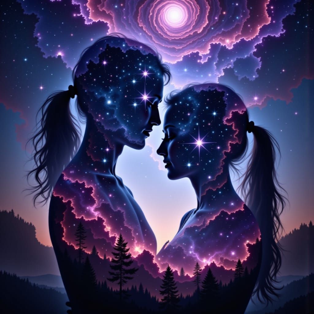 Cosmic Double Exposure of Couple Embracing in Nebula