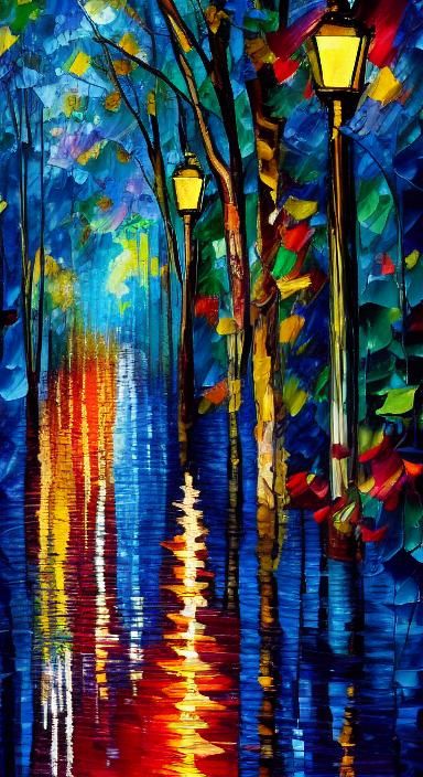 Rainy Park Alley in Neo-Impressionist Collage Style