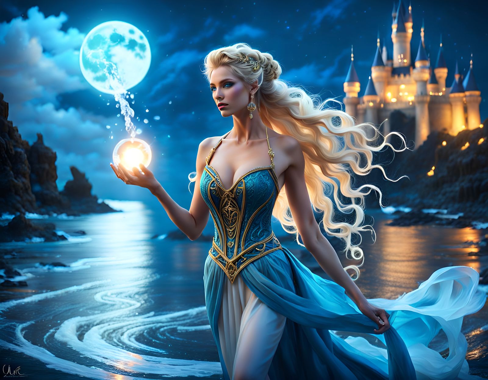 Enchanting Sorceress Casting Water Spell
