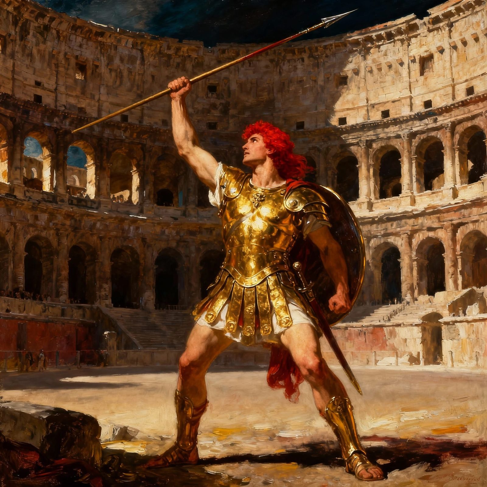 Romanticism oil painting of a redheaded gladiator wearing golden armor in the Coliseum, striking a pose and holding up a...