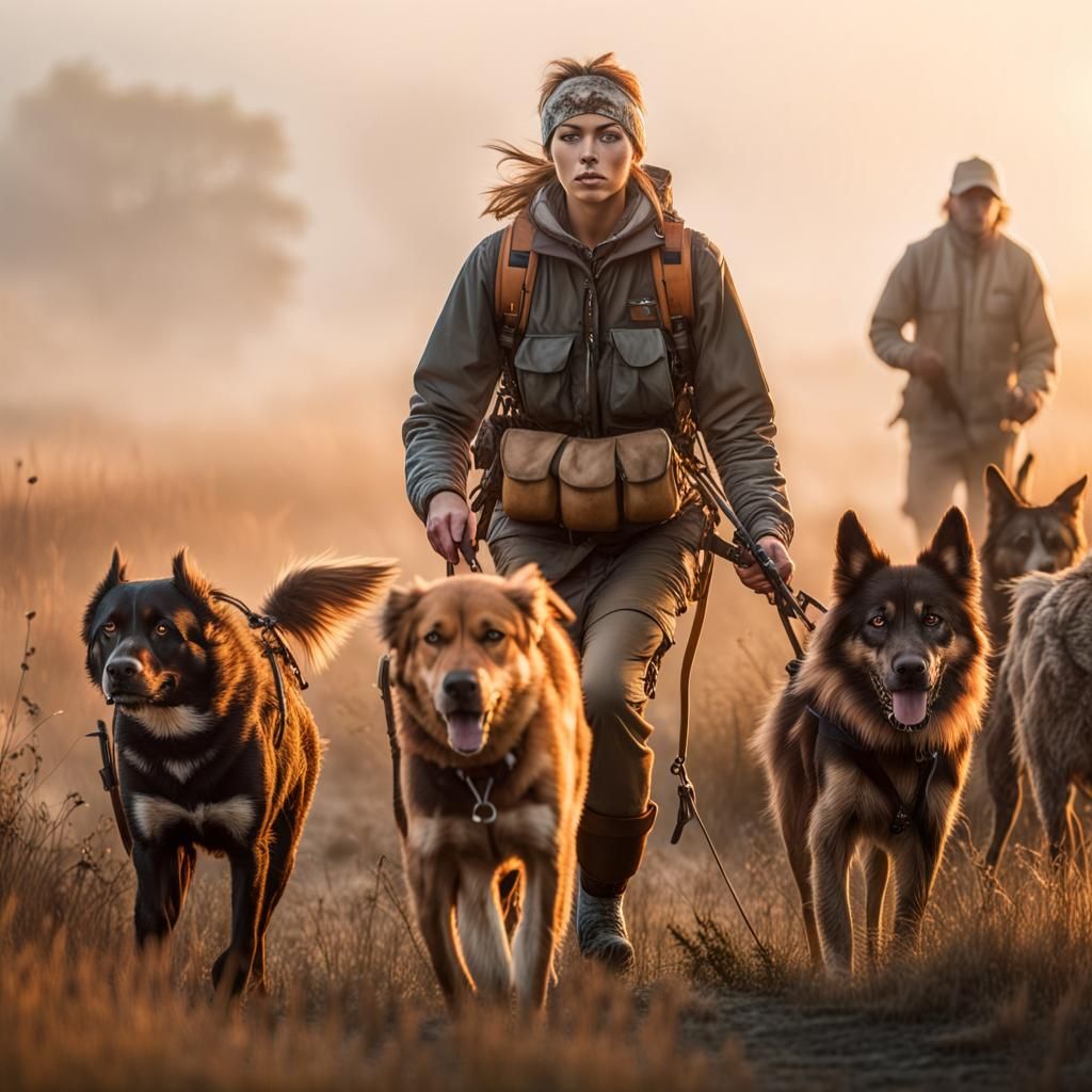Kodiak Jane Leads Hunting Dogs at Dawn