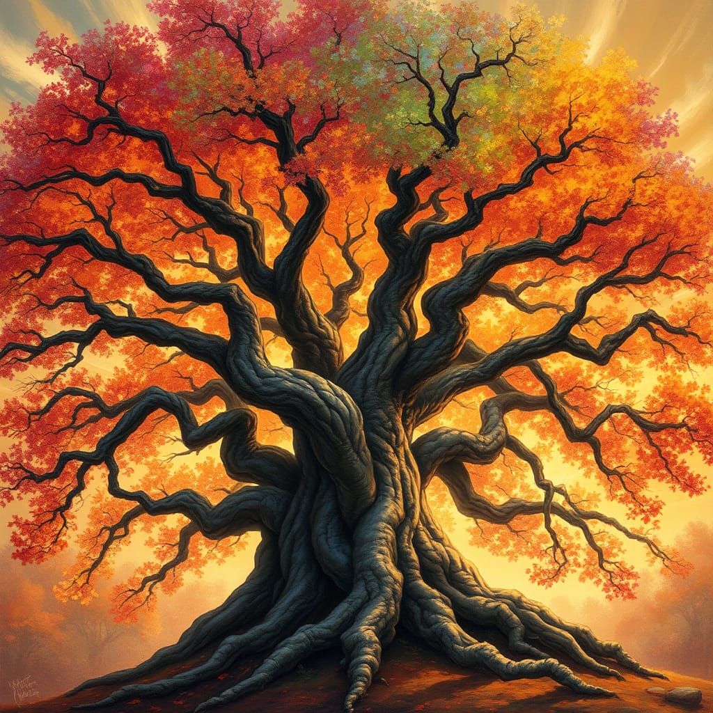 Rainbow Tree in Autumn, Dreamlike Art Style