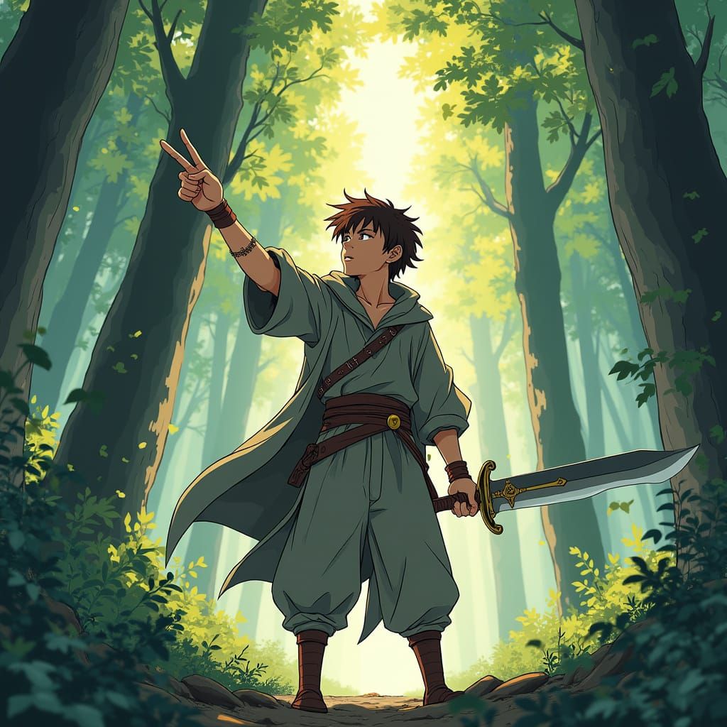 Wakfu-Inspired Hero with Sword in Dense Forest