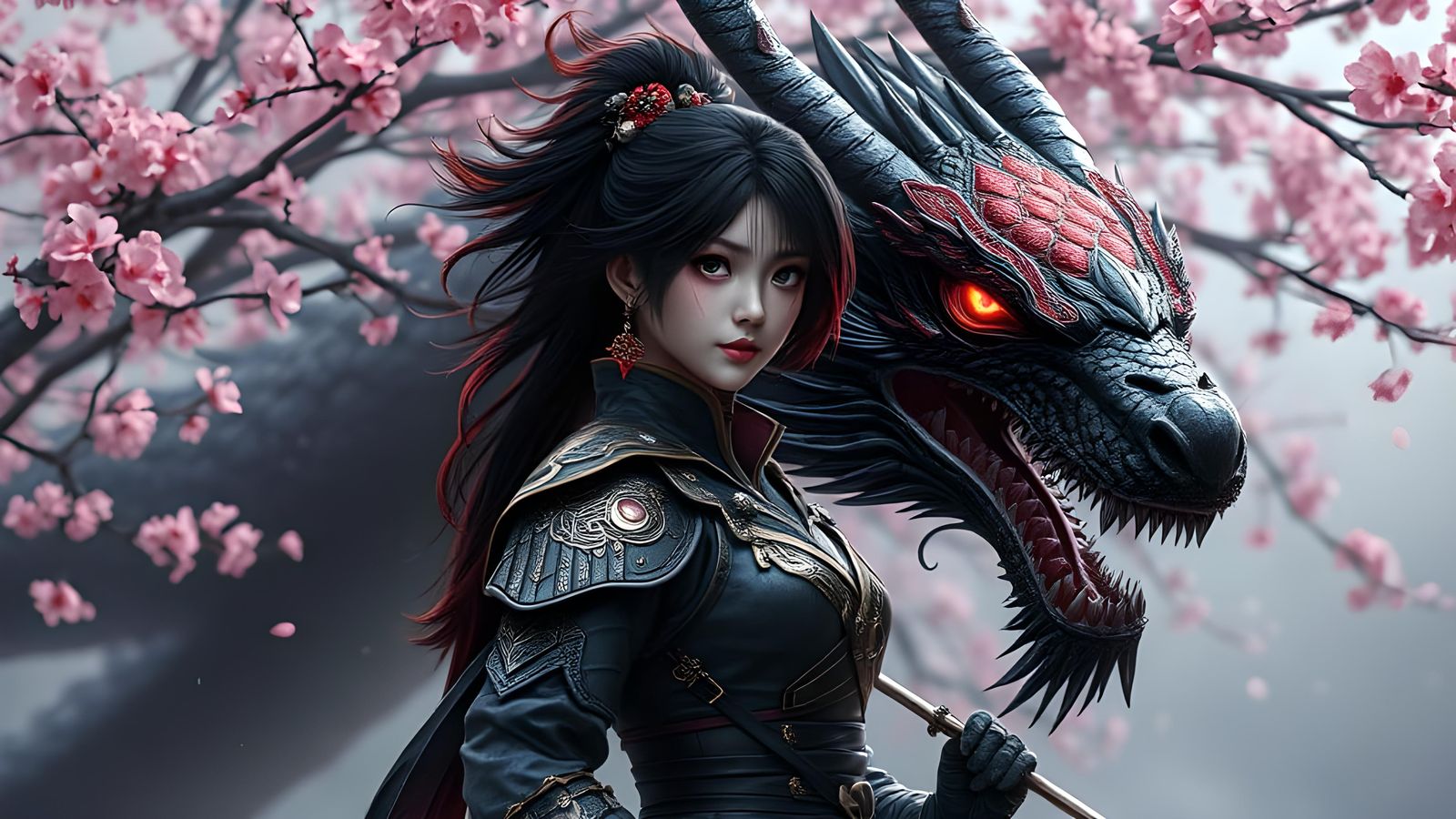 Japanese Warrior and Dragon in Splash Art Style