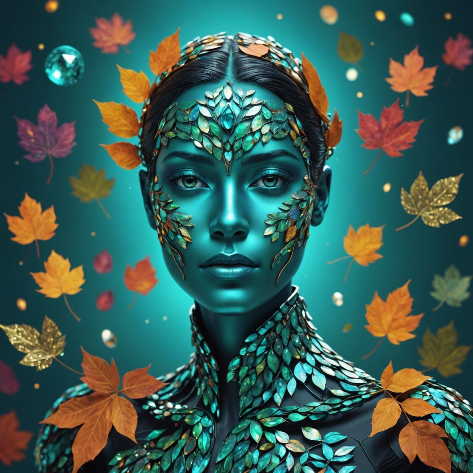 Autumn Leaf Humanoid in Teal Cosmos: Digital Art