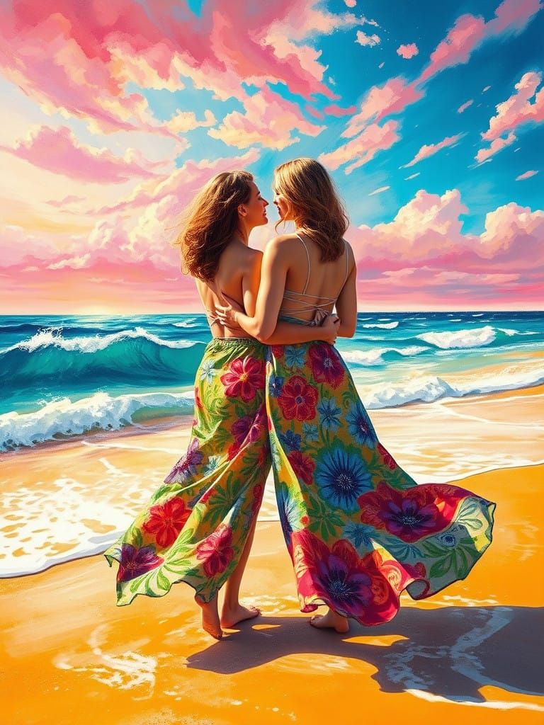 Romantic Beachside Embrace in Vibrant Oil Painting