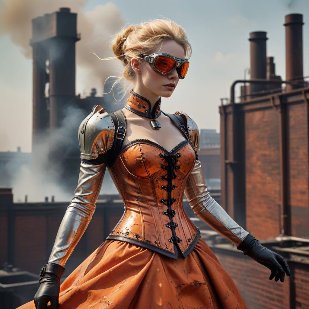 Steampunk Victorian Lady on Factory Rooftop
