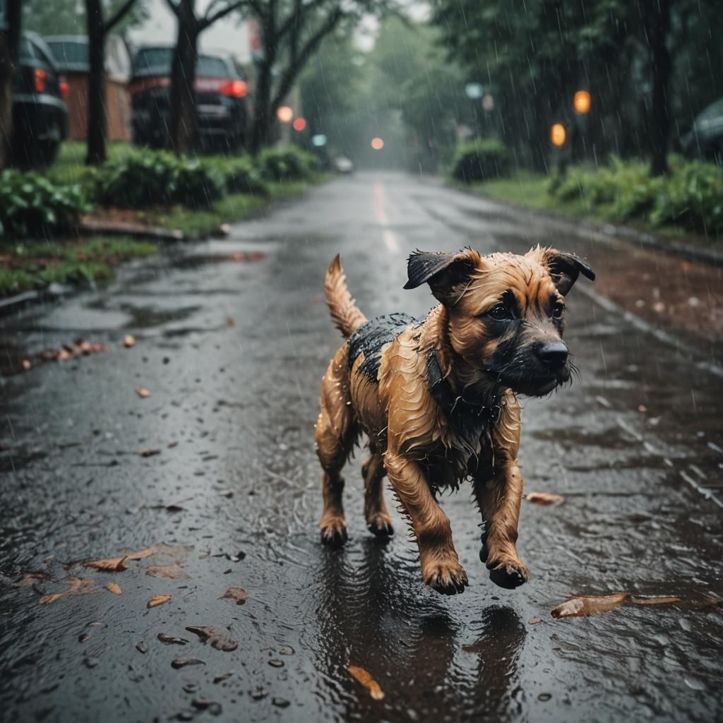 Sad Puppy Running in the Rain: Cinematic Film Still
