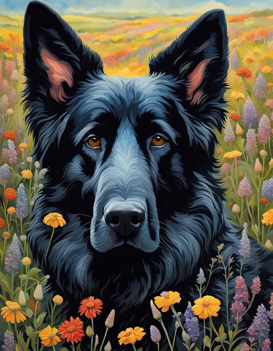 German Shepherd Portrait in Wildflower Field as Splash Art