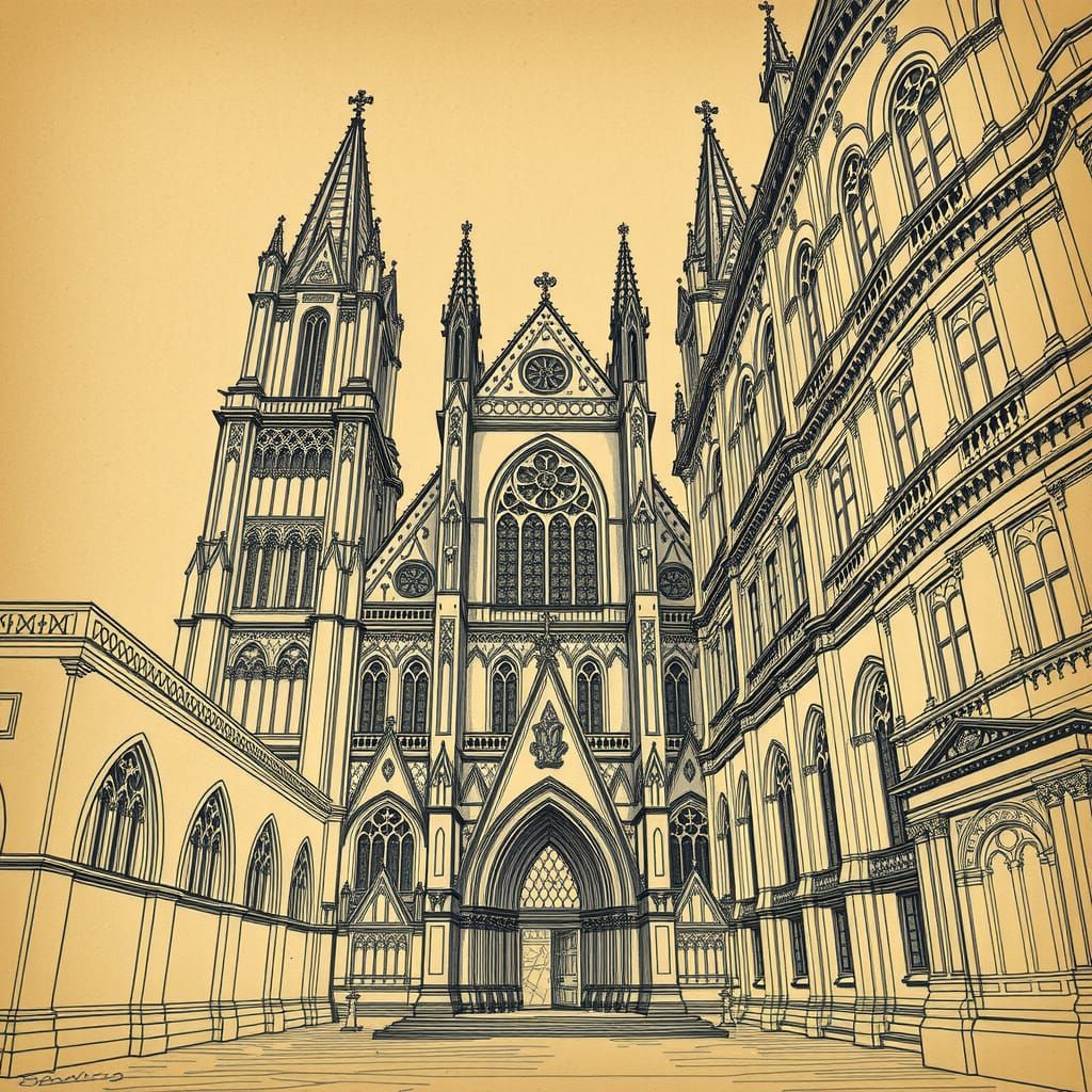 Architectural sketch of Gothic cathedral, detailed pencil linework