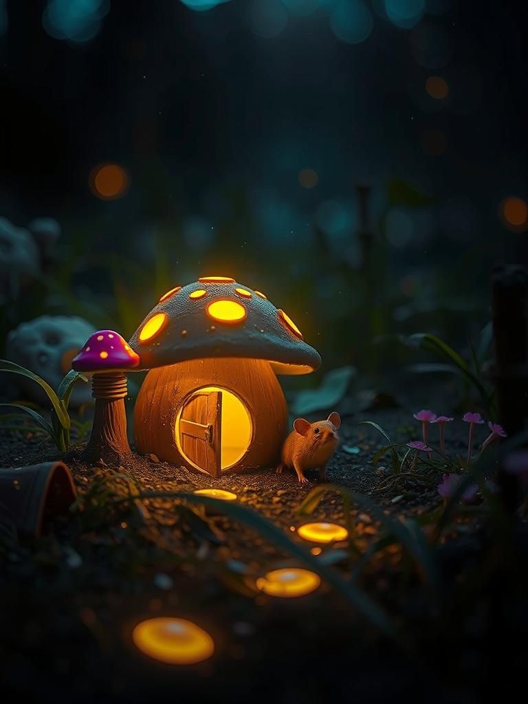Mouse in Mushroom House at Dusk, Cinematic Still