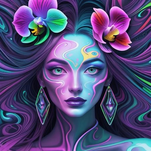 Psychedelic Portrait: Mysterious Woman in Swirling Colors