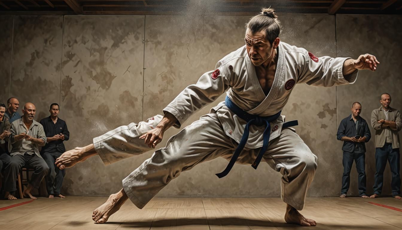 Judo master engaged, performing fierce power judo flip.
 Art...