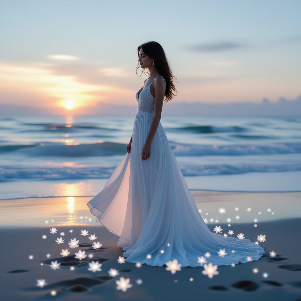 Woman on Beach at Dawn with Ethereal Flowers