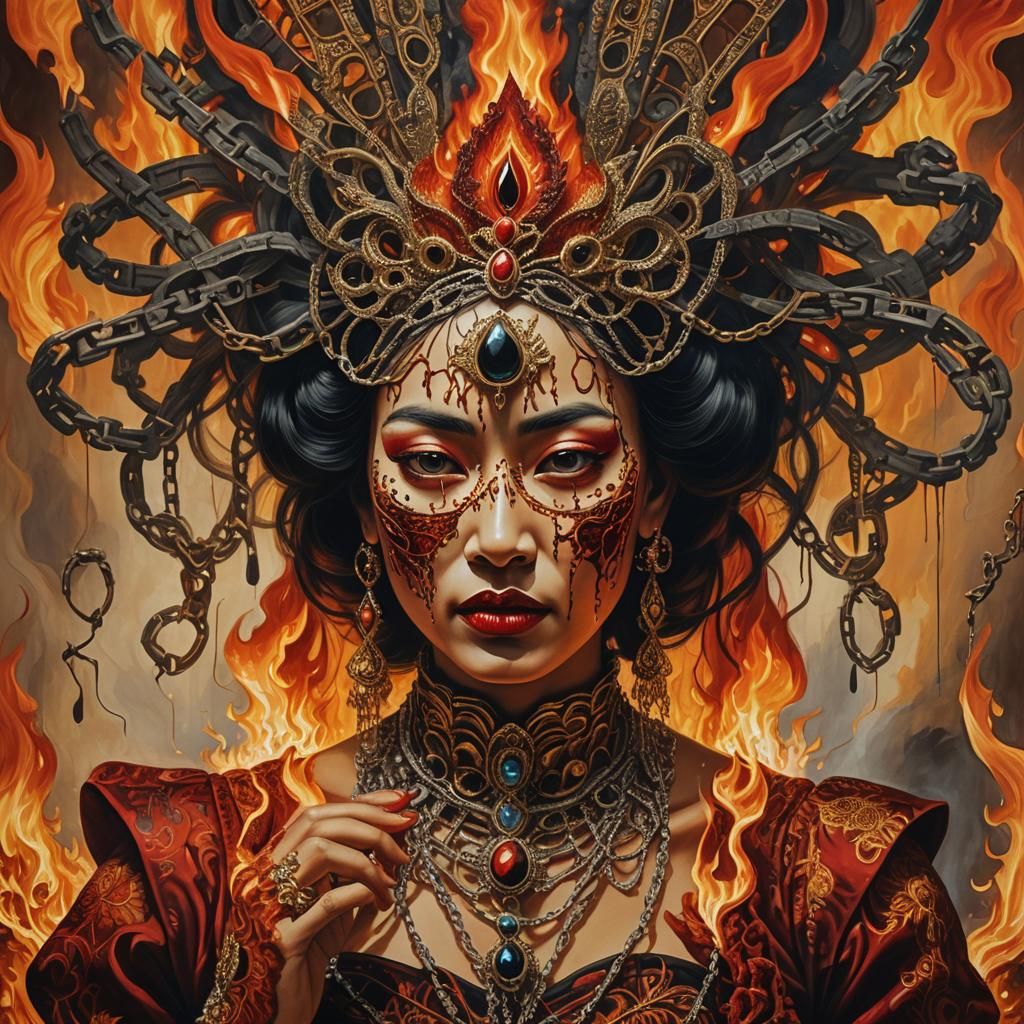 Surreal Indonesian Queen Melancholy: Dali-esque Oil Painting