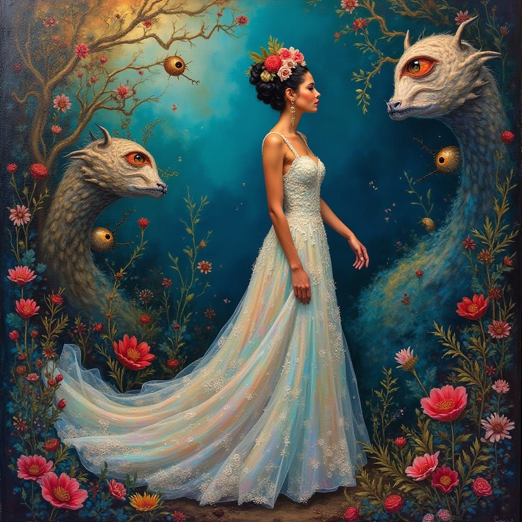 Surreal Mexican Goddess in Iridescent Gown among One-Eyed Cr...