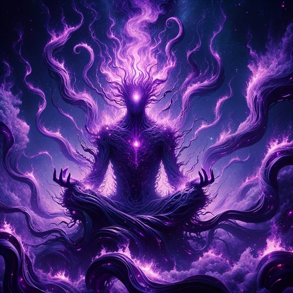 Cosmic Being of Purple Flames in Deep Space