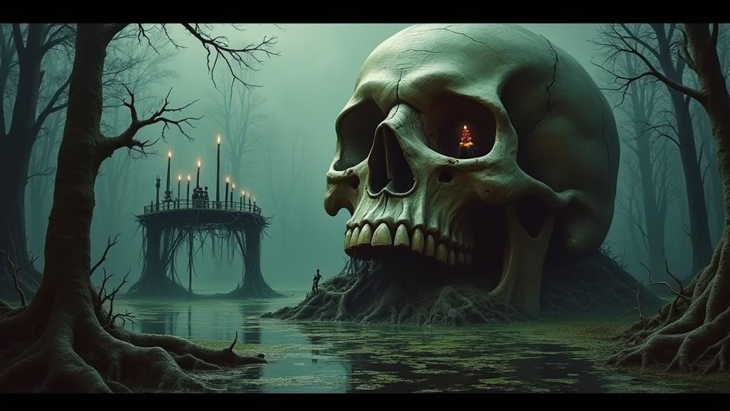 Macabre Gathering Place in Dark Surrealist Style