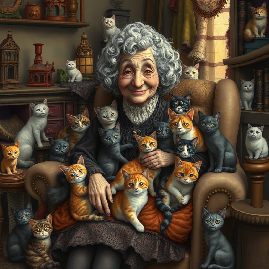 Whimsical Cat Lady in Gothic Romantic Style