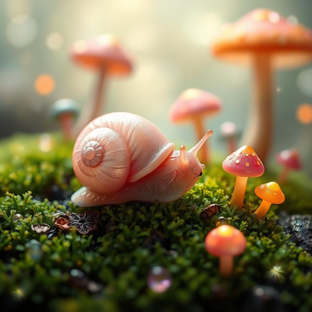Pink Snail in Dreamy Mushroom Landscape