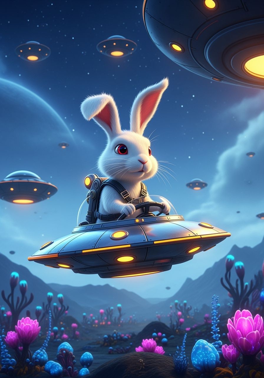 Rabbit Pilot in Flying Saucer, Hyperrealistic Sci-Fi Art