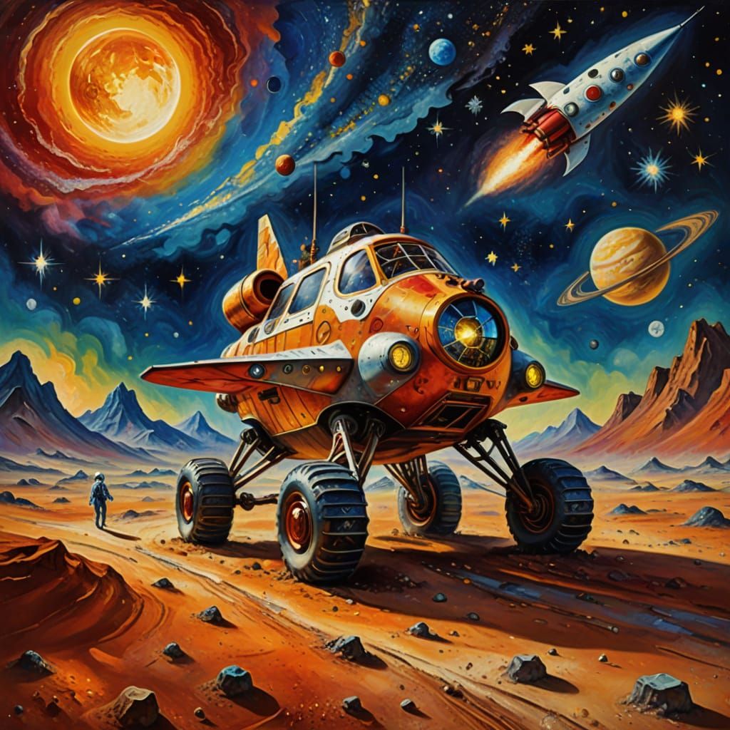 Surreal Rocketship Landing on Mars as Oil Painting