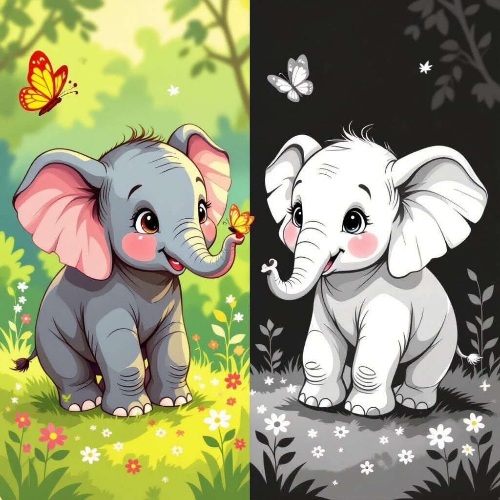 Playful Baby Elephant with Butterfly Illustration