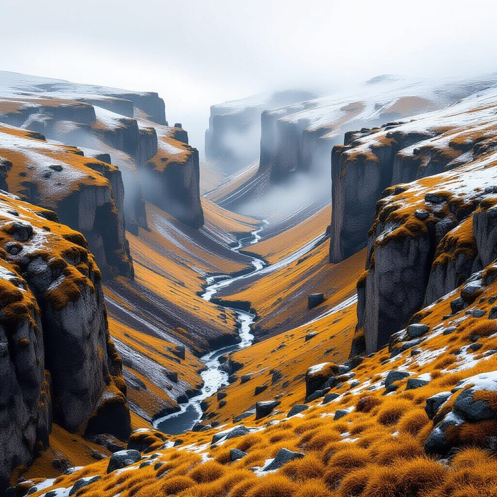 Autumn Canyon Landscape with Snow and Mist
