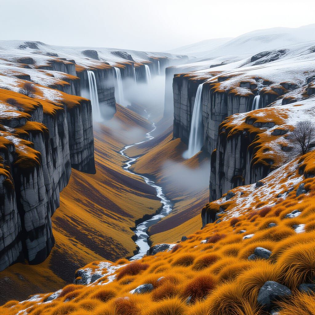 Fjaðrárgljúfur Canyon Autumn Mist Landscape