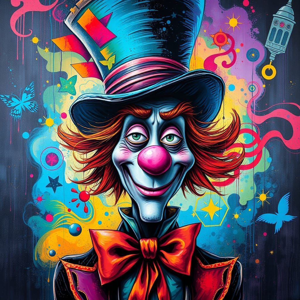 Surreal Portrait of the Mad Hatter in Vibrant Street Art Sty...