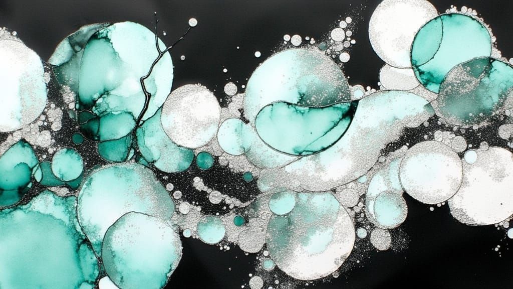 Monochrome Alcohol Inks Masterpiece with Aquamarine Swirls