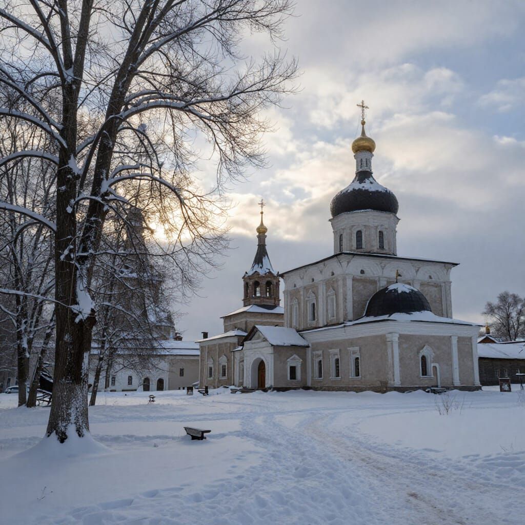 Serene Winter Monastery in Volya, Spiritual Style