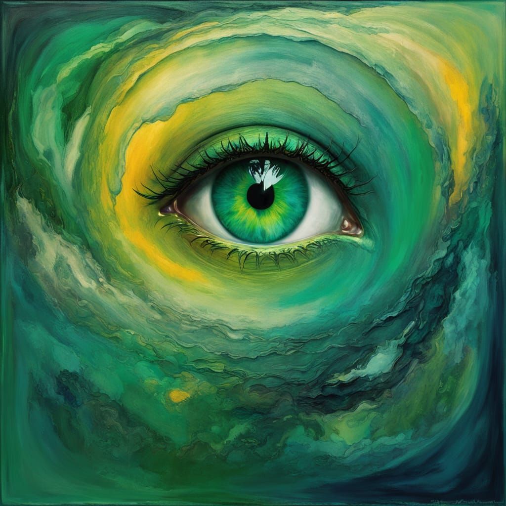 Surreal Fantasy Creature with Glowing Green Eyes