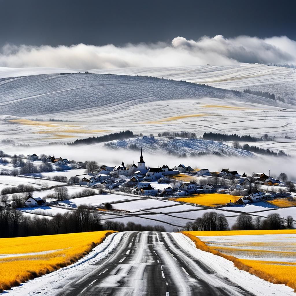 Snowy Wasteland Town Under a Starry Sky