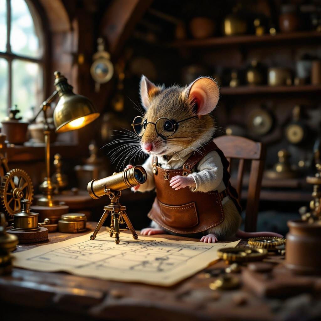 Mouse Artisan Crafts Telescope in Cozy Workshop